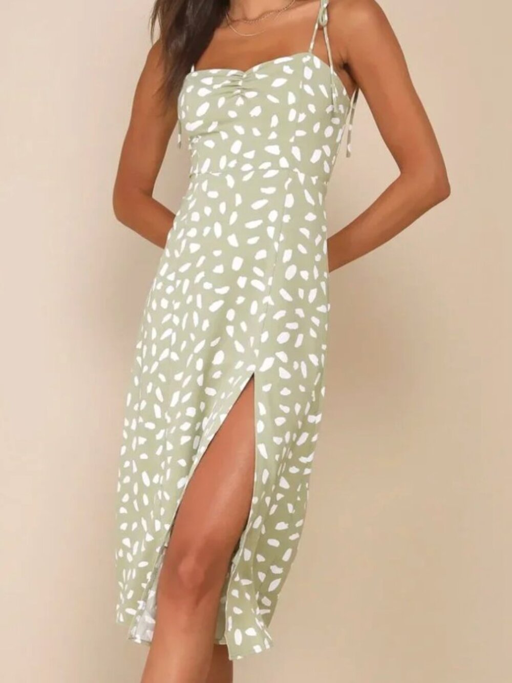 Lulus Sage Green Polka Dot Sun Dress Midi Length Flowy Tie-Strap Sz M
